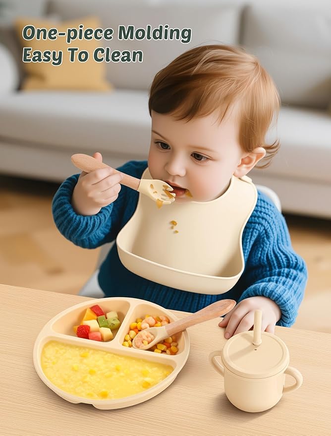 24 PCS Silicone Baby Feeding Set, Baby Led Weaning Supplies Includes Suction Bowls and Divided Plates, Adjustable Silicone Bib, Spoons&forks, Training cup with straw (Green+Brown+Beige)