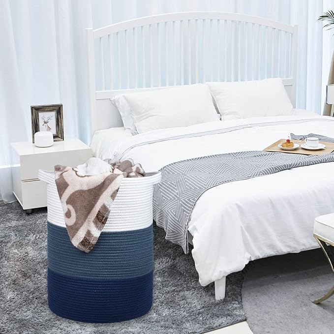 Large Blanket Basket, Nursery Hamper, Tall Laundry Basket 72L, Cotton Rope Woven Laundry Hamper for Storage Toys Clothes Towels, 16”x 22”, White & Cadet Blue & Navy Blue