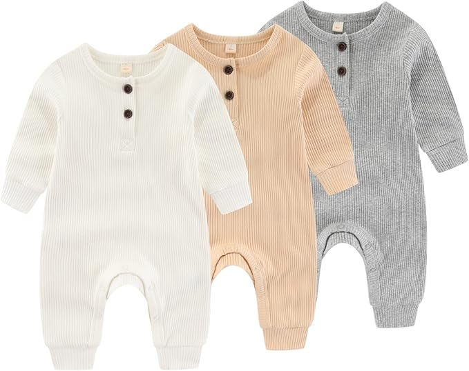 Newborn Baby Boys Girls One Piece Romper With Mitten Cuffs 3 Pack Long Sleeve Ribbed Button Jumpsuit Outfit Clothes
