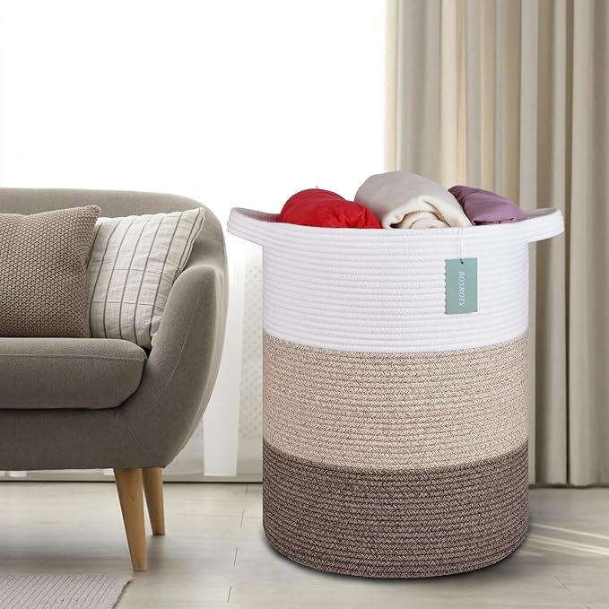 Large Blanket Basket, Nursery Hamper, Tall Laundry Basket 72L, Cotton Rope Woven Laundry Hamper for Storage Toys Clothes Towels, 16”x 22”, White & Gradient Brown