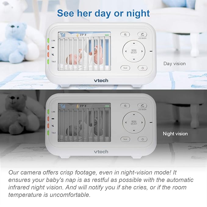 VTech Video Baby Monitor with 1000ft Long Range, Auto Night Vision, 2.8” Screen, 2-Way Audio Talk, Temperature Sensor, Power Saving Mode, Lullabies and Wall-mountable Camera with Bracket, White