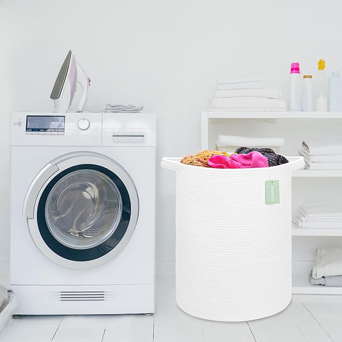 Large Laundry Hamper for Girls Boys Kids 72L, Nursery Hamper, Tall Laundry Basket, Cotton Rope Woven Blanket Basket for Storage Toys Clothes Towels, 16”x 22”, White