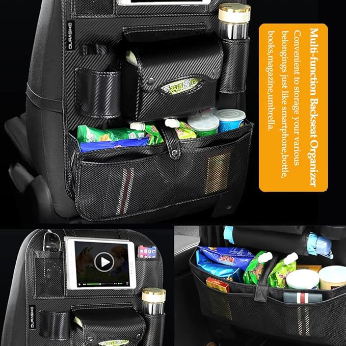 Car Backseat Organizer with Foldable Table Tray,Car Storage Organizer with Tablet Holder,Car Seat Back Protectors Kick Mats,Premium PU Leather Material,Compatible with Most Vehicles