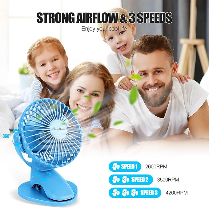 Portable Clip Fan Battery Operated,3 Speeds USB Rechargeable Mini Table Fan with Strong Airflow,360°Rotation Ultra Quiet Personal Desk Fan for Home Office Bedroom Dorm Stroller Camping - Blue