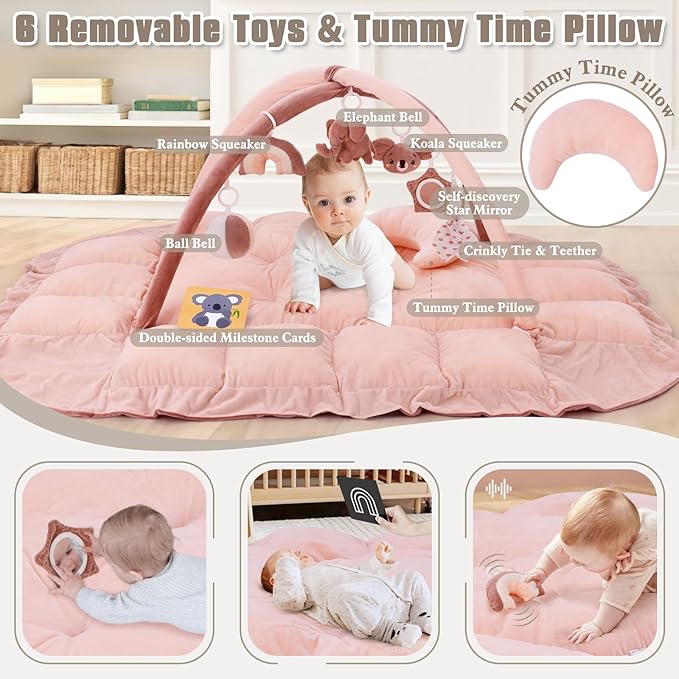 5-in-1 Plush Baby Play Gym, Baby Play Mats, Convertible Baby Gym with Pillow, Tummy time mat, Baby&Ped Bed, 6 Sensory Toys, Activity Center from Newborn to Toddler, Ball Pit, Rectangular Pink