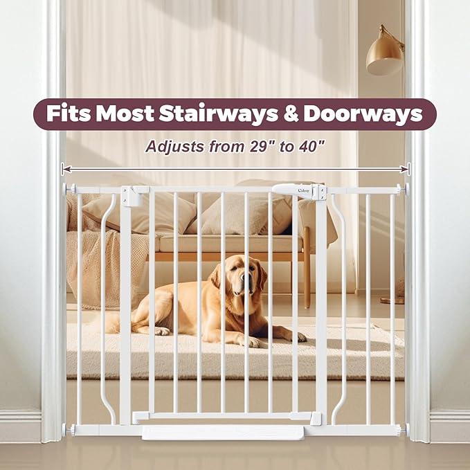 29"-40" Baby Gate for Stairs, Auto Close Stroller Friendly Dog Gate Indoor for Doorways, Pressure Mounted Baby Gate, Easy Walk Through Gate for Children & Pets, White