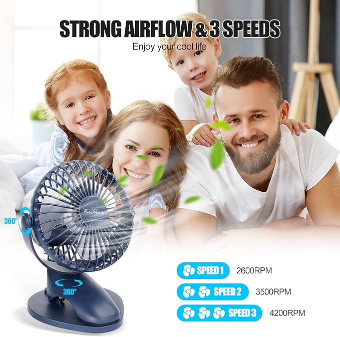 Portable Clip Fan Battery Operated,3 Speeds USB Rechargeable Mini Table Fan with Strong Airflow,360°Rotation Ultra Quiet Personal Desk Fan for Home Office Bedroom Dorm Stroller Camping - DeepBlue