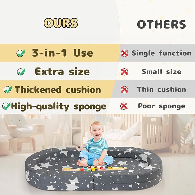 Travel Toddler Bed, 3-in-1 Portable Foldable Toddler Chair,Soft Foam Floor Bed Lounger with Washable Cover,Star