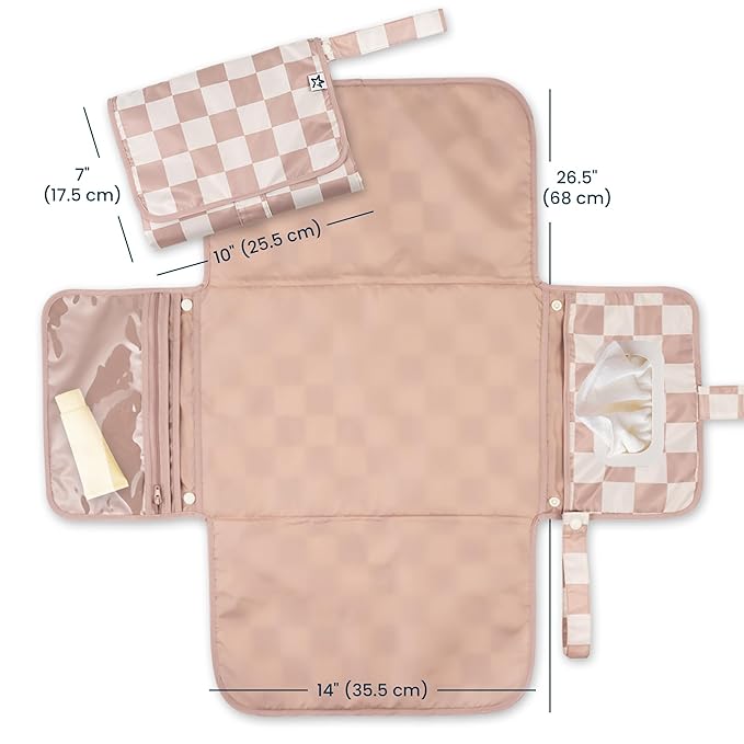 Tiny Twinkle Portable Diaper Changing Pad – Foldable, Waterproof & Compact Travel Changing Mat with Storage | Smart Wipes Pocket for On-The-Go Parents(Beige Checkers)