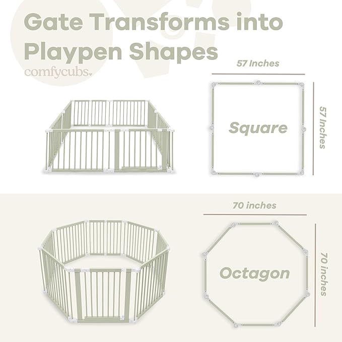 Comfy Cubs Baby Gate Playpen - 57 x 57 x 25 in, Extends Up to 228” - Pine Wood Foldable Playpen with Child-Proof Lock - Easy Assembly Baby Fence Play Area for Babies & Toddlers - Sage