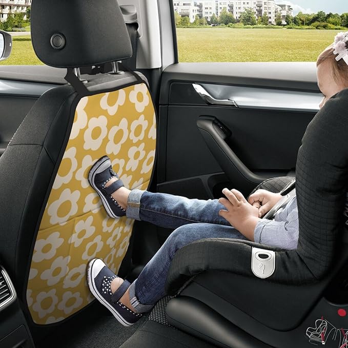 Vintage Groovy Flowers Car Kick Mats Back Seat Protector 2 Pack Auto Seat Back Covers with 3 Organizer Travel Accessories Universal Vehicle Interior from Dirt, Mud