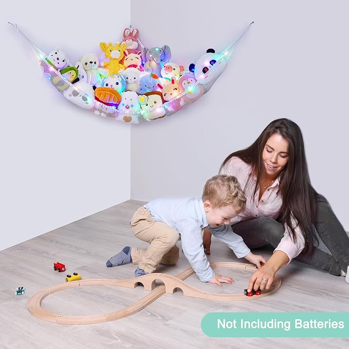 Unicorn Castle Stuffed Animals Net or Hammock Kids Toy Storage Organizer with LED Light Hanging Corner Stuffed Animals Holder Kids Girls Room Decor (Pack of 1)
