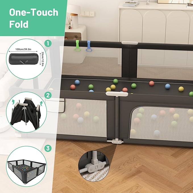 Foldable Playpen for Babies and Toddlers with Mat, 73" x 61" Playard for Indoor & Outdoor, Baby Play Pen with Soft Breathable Mesh, Pull-Link and Ocean Balls, Black