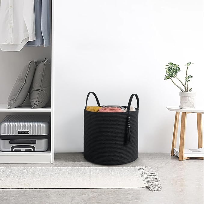 Mkono Woven Storage Basket Decorative Natural Rope Basket Wooden Bead Decoration for Blankets,Toys,Clothes,Shoes,Plant Organizer Bin with Handles Living Room Home Decor, 16"W×13.8"L, Black