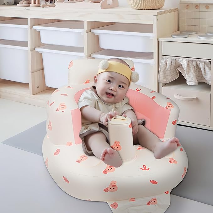 Inflatable Baby Chair with Built in Air Pump, Sit me Up Floor Seat for Baby 3 Months & Up, Blow Up Baby Seats for for Infants for Sitting Up - Bunny