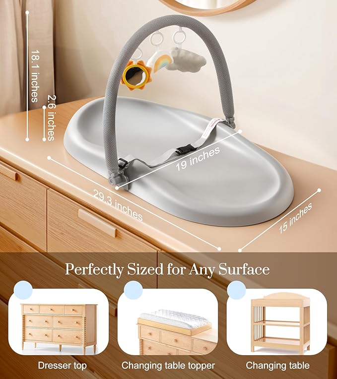 Wipe-Clean Baby Changing Pad, Waterproof Durable PU Pad, Soft & Non-Slip Safety Belt & Hanging Toys, Easy to Adjust & Removable Bar, Gray