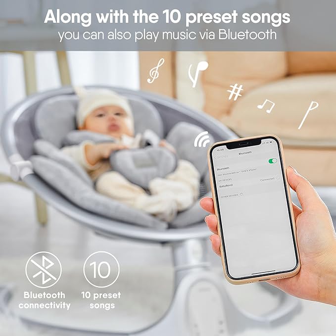 BabyBond Baby Swings for Infants, Bluetooth Infant Swing with 3 Seat Positions, 5 Natural Sway Motion and 5-Point Harness, Portable Baby Swing for Indoor and Outdoor, Silver