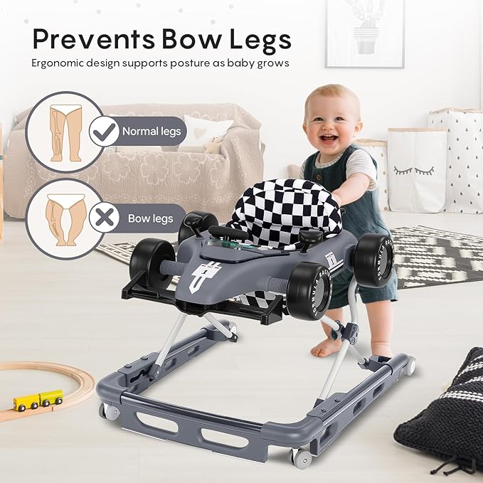 Baby Walker with Wheels, 4-in-1 Baby Walker for Boys Girls Foldable Activity Walker with Adjustable Height Toddler Infant Walker with Music and Lights Walker for Baby 6-24 Months, Grey