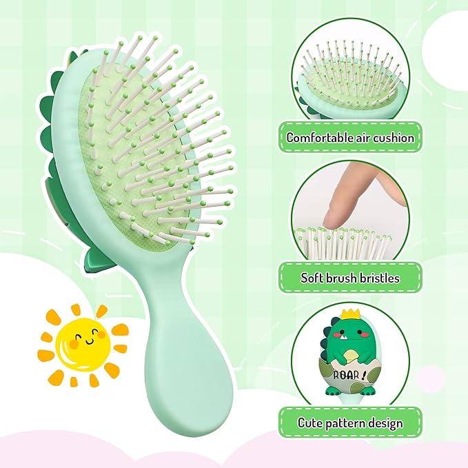 Toddler Hair Brush - Mini Hair Brush for Kids - Travel Brush for Boys and Girls - Baby Detangler Brush for Thin Hair - Dinosaur Brushes with Air Cushion - Green