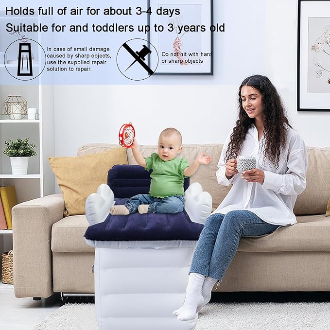 Inflatable-Toddler-Travel-Bed for Airplane Car Seat Portable Foldable Infant Travel Bed Baby Travel Crib with Sides,Hand Pump Safety Belt and Carry Bag Sets