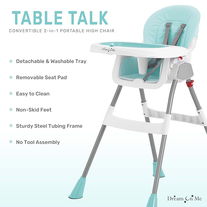 Dream On Me Portable 2-in-1 Tabletalk High Chair, Convertible Compact Light Weight High Chair, Aqua
