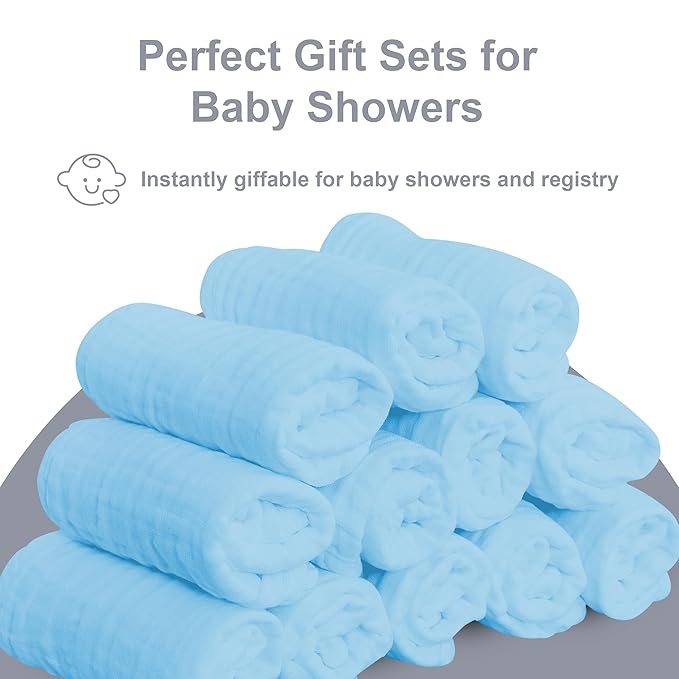 SWEET DOLPHIN 12 Pack Baby Muslin Washcloths - Soft Face Cloths for Newborn, Absorbent Bath Wash Cloths, Wipes, Burp Rag - Toddlers Essentials Stuff, Baby Registry as Shower -10"x10", Aquamarine