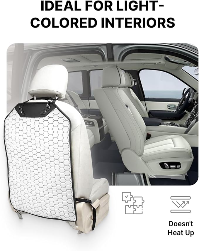 Owleys Car Kick Mat - Luxury Eco-Leather Back of Seat Protector 27.5"x18.5" - Waterproof Cover for Kids Feet - Universal Interior Guard for Light Upholstery SUV Sedan Truck - White