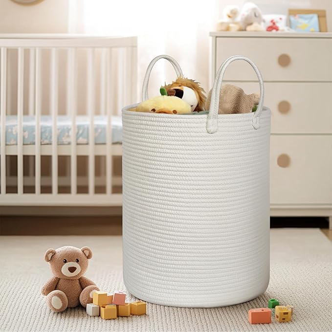 Large White Laundry Basket, 15"x18" Tall Blanket Storage Living Room, XL Cotton Rope Toy Bin for Organizing, Wicker Woven Baby Nursery Laundry Hamper with Handle, White Room Decor Aesthetic