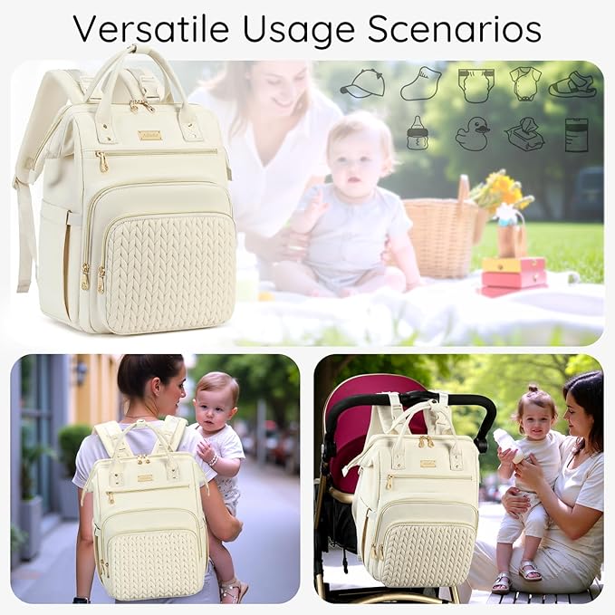 AIJIEKE Diaper Bag, Large Wide-Open Baby Diaper Backpack, Multi-functional Baby Travel Tote Bag, Diaper Bag with Changing Pad, Diaper Bags for Mom & Maternity (Beige)