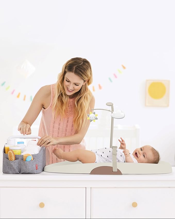 Skip Hop Baby Changing Pad Nursery Style Wipe-Clean Contoured with Cushioned Foam, Non-Skid Base, Built-in Safety Belt & Tuck-Away Toy Bar Fits Standard Changing Tables, Oat