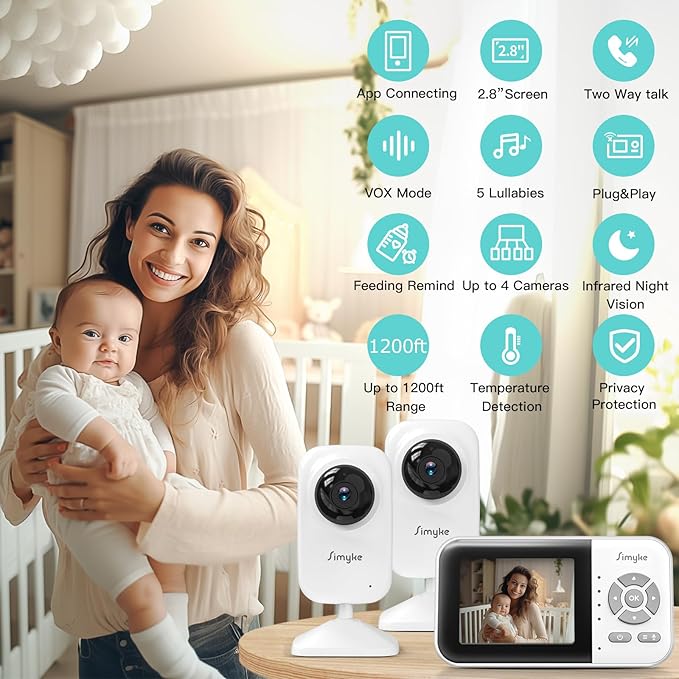 Upgrade Video Baby Monitor with 2 Cameras and Audio 2.8" Screen, Night Vision, APP, 2 Way Talk, 1200ft Long Range, Feeding Clock, Temperature Detection, Portable Wireless Baby Cam Home Use