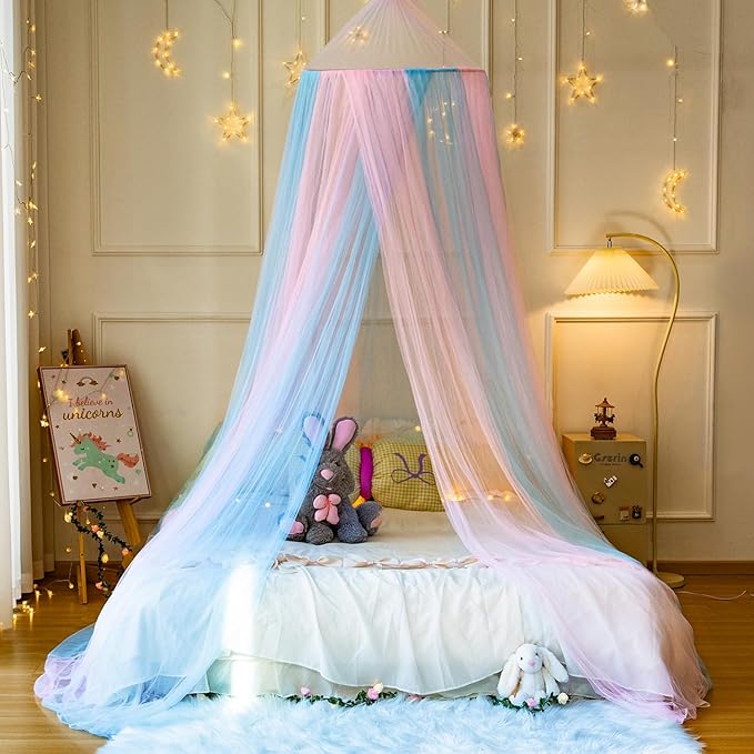 Pink Blue Bed Canopy for Girls,Princess Hanging Netting for Kids Bed Room Decor Mosquito Net for Baby Crib, Twin to King Size Bed ﻿