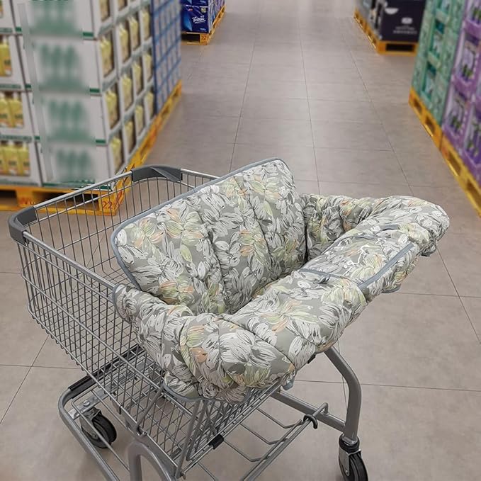 Shopping Cart Cover for Baby boy Girl, Multi-in-1 Cart Covers for Babies, Soft Padded Infant High Chair Cover, Machine Washable, Grocery cart seat Cushion Cover Grey Leaves