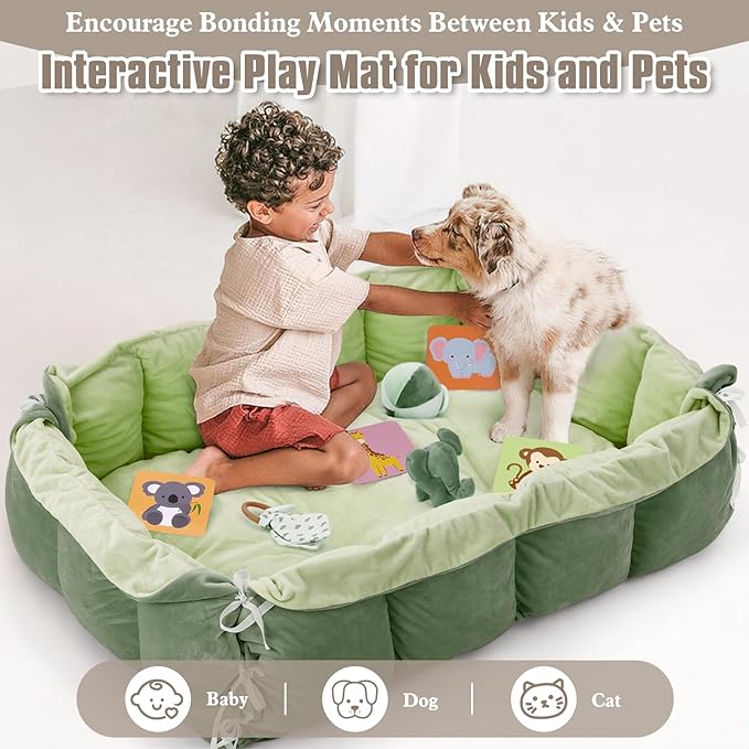 5-in-1 Plush Baby Play Gym, Baby Play Mats, Convertible Baby Gym with Pillow, Tummy time mat, 6 Sensory Toys, Baby Activity Center from Newborn to Toddler, Pet Bed, Cat & Dog Bed, Ball Pit, Green