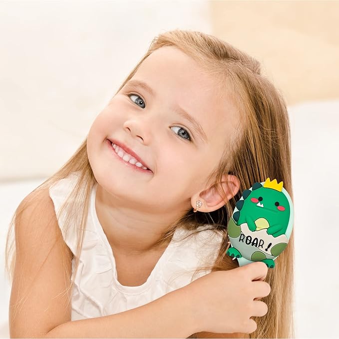 Toddler Hair Brush - Mini Hair Brush for Kids - Travel Brush for Boys and Girls - Baby Detangler Brush for Thin Hair - Dinosaur Brushes with Air Cushion - Green