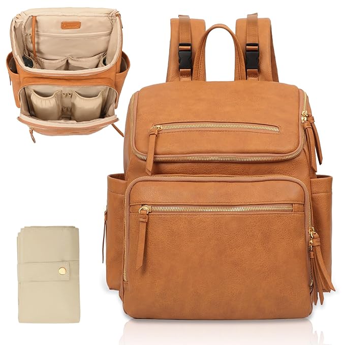 Diaper Bag Backpack Large Baby Diaper Bag Leather with 17 Diaper Bag Organizing Pouches,Changing Pad,Stroller Straps,4 Insulated Pockets,Honey