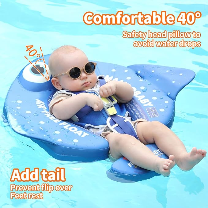 Mambobaby Float with Canopy and Tail New Upgraded Non-Inflatable Baby Pool Float Mambo Float Swim Trainer Solid Infant Swim Float Adjustable Pearl Foam Baby Swim Ring