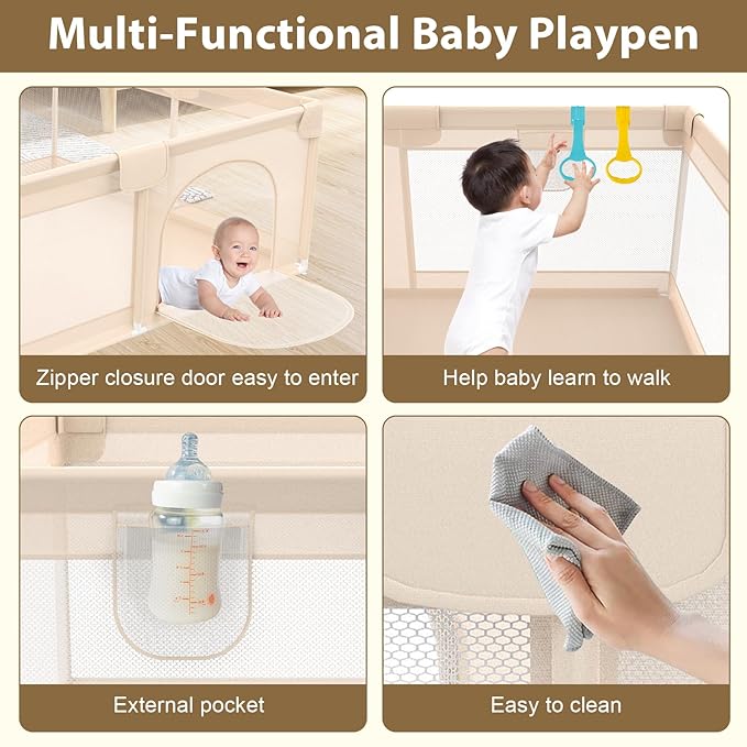 Playpen for Babies and Toddlers 71x59inch - Extra Large Baby Gate Play Pen with Soft Breathable Mesh Cover - Indoor and Outdoor Baby Play Fence - Portable Playpen for Babies (Apricot)
