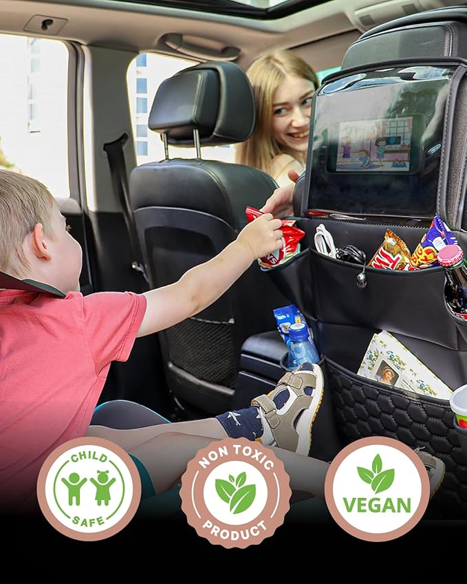 Owleys Back Seat Car Organizer for Kids, Front Passenger Caddy, Center Row Vehicle Storage with Pockets – Premium Eco Leather, 8 Compartments, Black Travel Accessory for SUV, Truck, Sedan, Van, Jeep