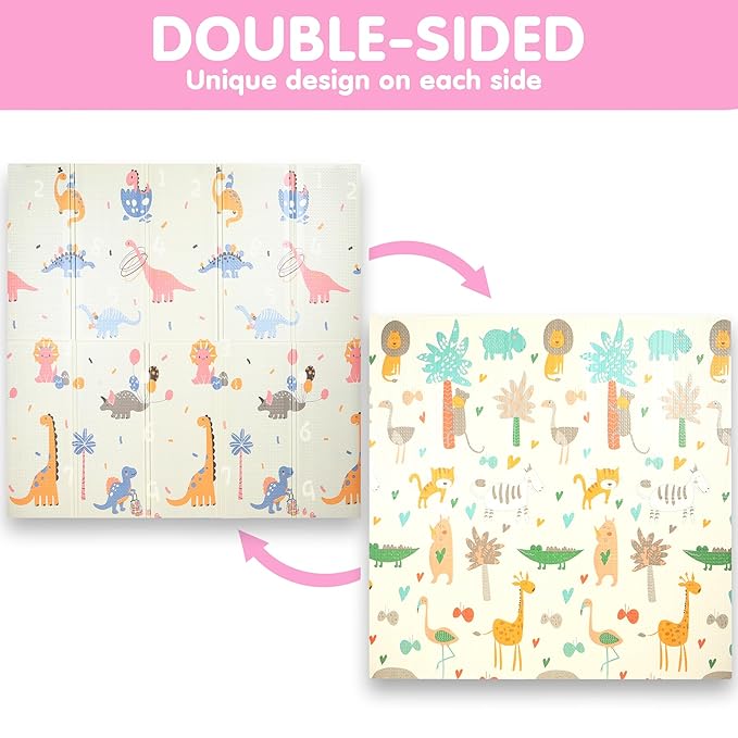 Bammax X-Large Waterproof Foam Padded Play Mat | Reversible & Foldable | 1 cm Safe Baby & Kids Play Mat | 70" x 78" | Dinosaurs & Safari Animals