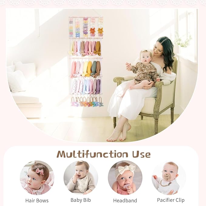 POVETIRE Headband Holder Hair Bows Organizer for Girls, Baby Headbands Hair Accessories Organizer Storage Wall Hanging Decor for Toddler Girls Room (Pink ribbon - 4 Tier)