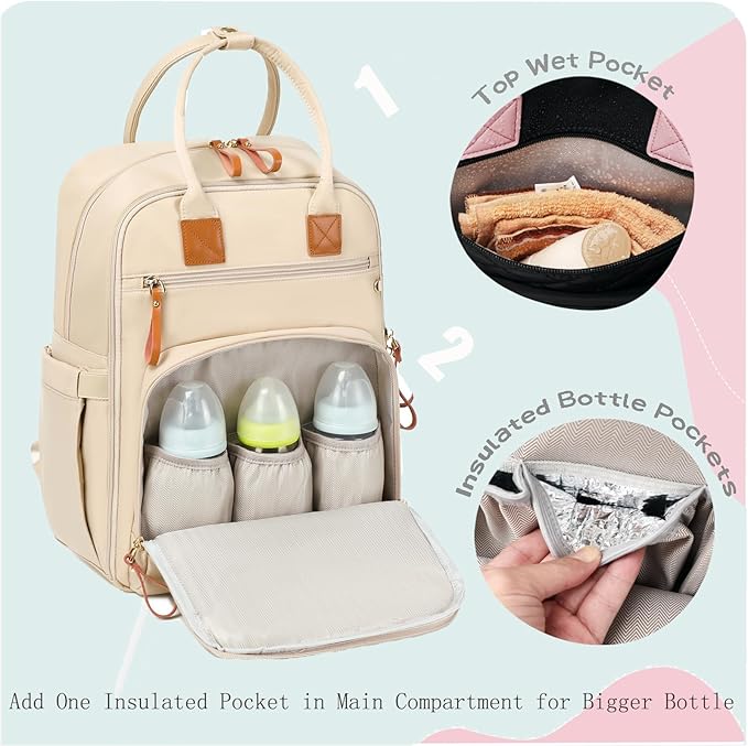 18 Pockets Diaper Bag Backpack with Waterproof Pockets and Stroller Buckle, Convertible Tote Bag (Beige, Large)