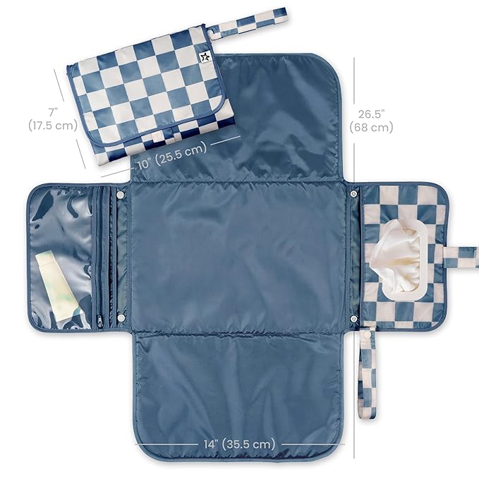 Tiny Twinkle Portable Diaper Changing Pad – Foldable, Waterproof & Compact Travel Changing Mat with Storage | Smart Wipes Pocket for On-The-Go Parents(Blue Checkers)