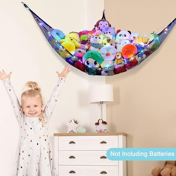 Unicorn Castle Stuffed Animals Net or Hammock Kids Toy Storage Organizer with LED Light Hanging Corner Stuffed Animals Holder Kids Girls Room Decor (Pack of 1)