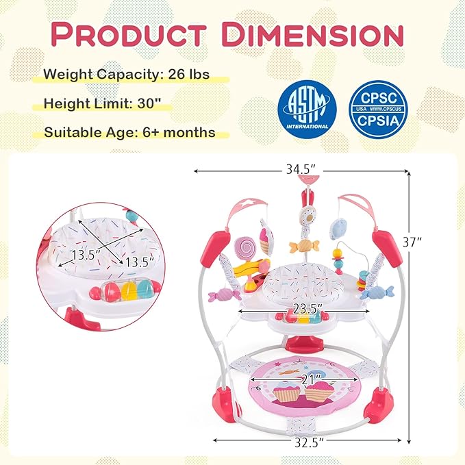 BABY JOY Baby Jumpers and Bouncers, Infant Activity Center with Music Lights Sounds, 360° Rotating Seat and 3 Adjustable Heights, Baby Play and Learning Center for 6-12 Months