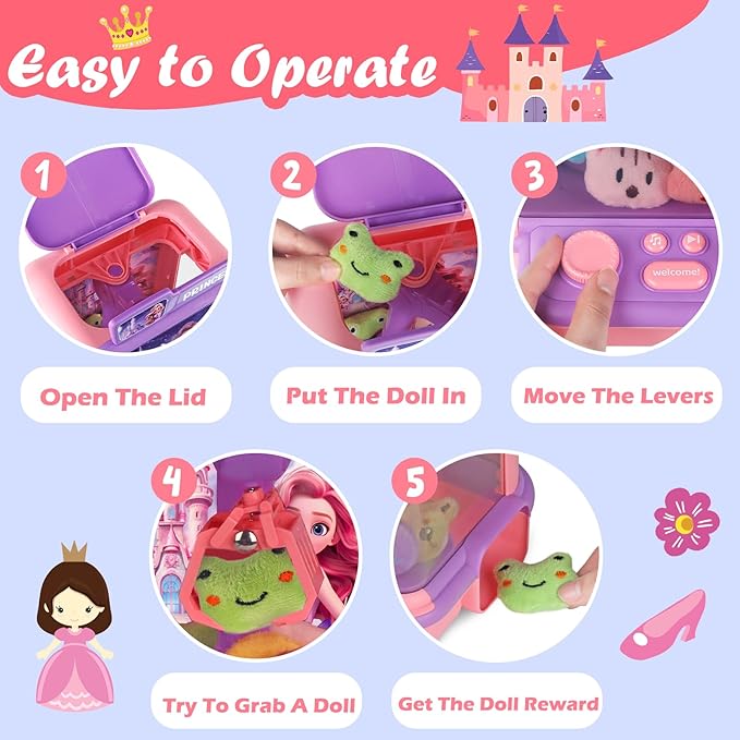 Claw Machine for Kids,Mini Vending Machines Girls Princess Toys,Candy Grabber Prize Dispenser Girl Toys, Electronic Arcade Game with 20 Mini Plush Toy for Party Easter Birthday Gifts (Princess-B)