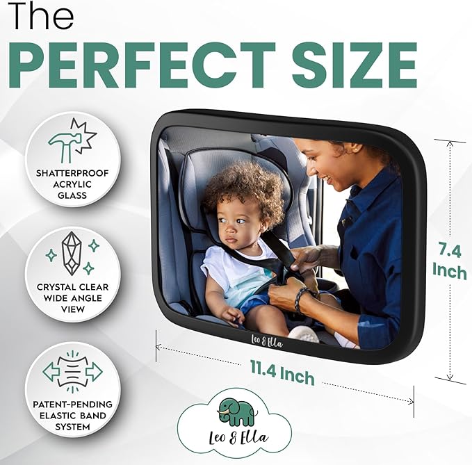 Leo and Ella - Tesla Fixed Headrest Baby Car Mirror, Extra Large Car Mirror For Baby, Shatterproof & Adjustable Safety Mount with Elastic Strap