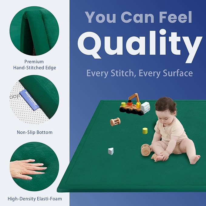 Baby Play Mat for Floor,1.3" Thick Elasti-Foam 74×50 Play Mat for Toddlers Infant Kids,Water-Repellent Soft Coral Velvet for Tummy Time, Non-Slip Backing for Crawling,Tatami Style(Dark Green)