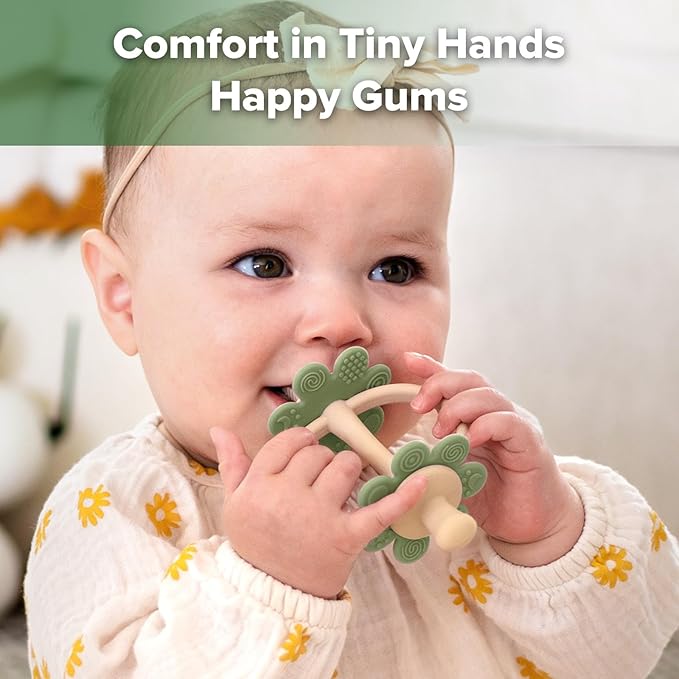 haakaa Silicone Baby Teether Toys,Nipple-Shaped End for Gum Massage,360° Baby Toothbrush Head for Self-Brushing Training,Easy to Grip-Pea Green
