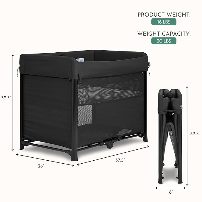 Evolur Zane Portable Playard – Foldable, Removable Mattress, Easy to Use Baby Bassinet for Travel & Home, Black